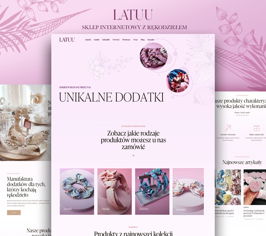 Projekt strony internetowej sklepu z rękodziełem, prezentujący unikalne dodatki, takie jak gumki, opaski, zestawy i kokardki, w pastelowej kolorystyce i z delikatnymi motywami roślinnymi.