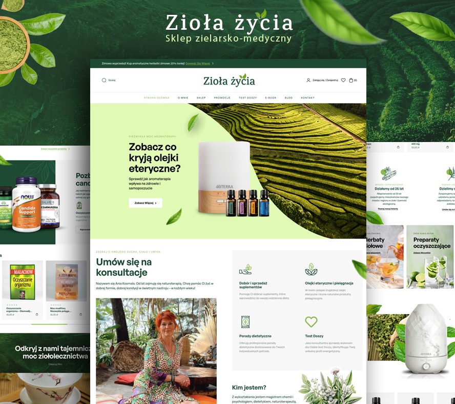 Prezentacja responsywnego sklepu internetowego z ziołami i olejkami eterycznymi, widok na stronę główną z ofertą aromaterapii i konsultacji online, z logo 'Zioła życia' w nagłówku.
