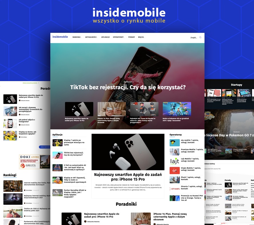 Zrzut ekranu strony internetowej insidemobile.pl z nagłówkiem 'insidemobile wszystko o rynku mobile', prezentujący artykuły o smartfonach Apple, aplikacjach takich jak TikTok i Viaplay,...