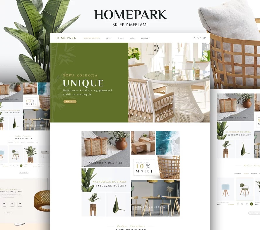 Prezentacja strony internetowej sklepu meblowego Homepark z kolekcją mebli rattanowych, widoczne elementy interfejsu, zdjęcia produktów i promocje.
