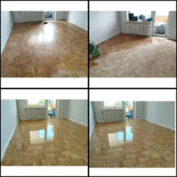 Czteropanelowe ujęcie parkietu w trakcie renowacji: od stanu przed, przez szlifowanie maszyną, po wykończony, błyszczący efekt w jasnym pomieszczeniu z grzejnikiem.