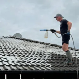 Mężczyzna w okularach i czapce, stojący na dachu pokrytym brudem i mchem, czyści go za pomocą myjki ciśnieniowej z pojemnikiem na detergent; w tle pochmurne niebo i antena satelitarna.