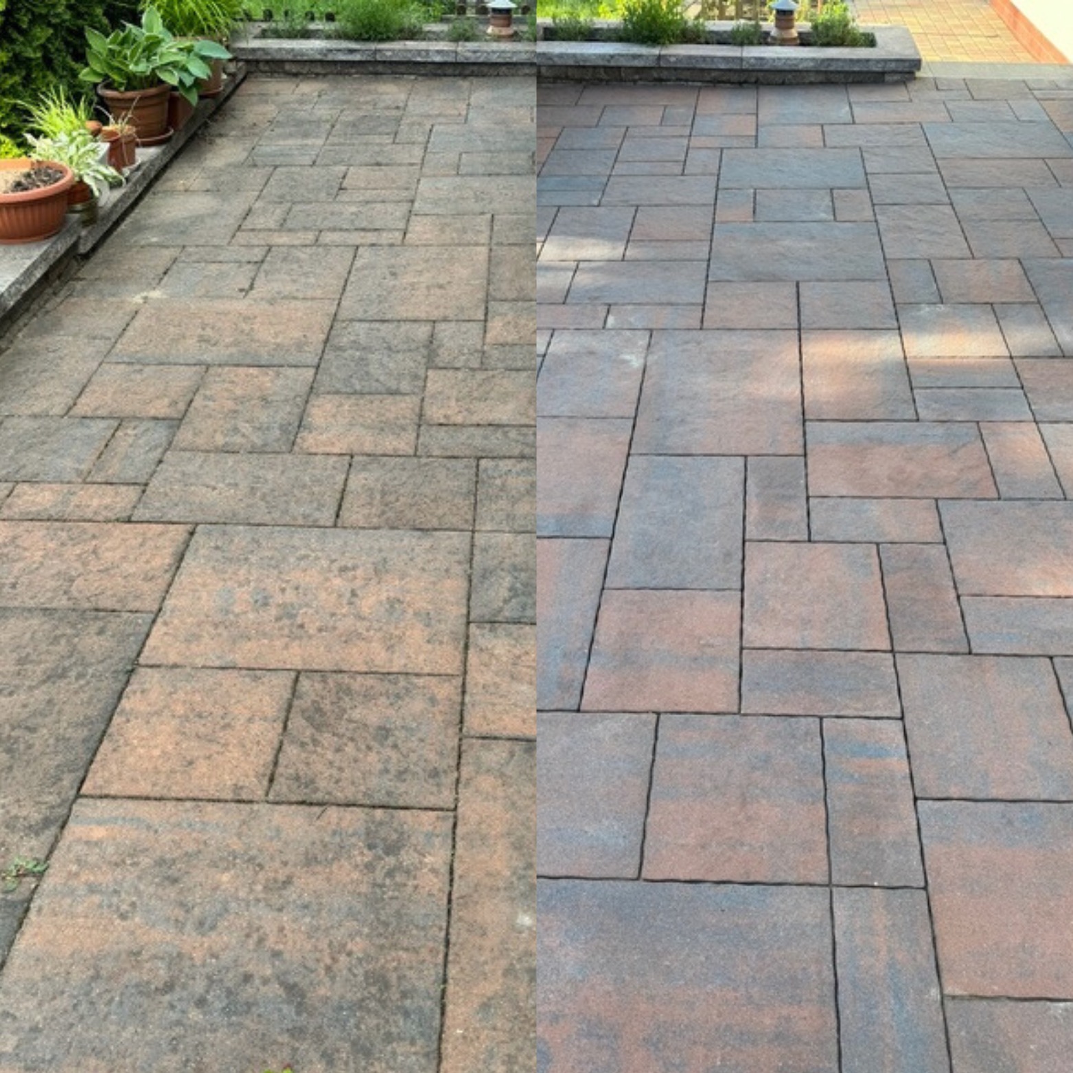 Porównanie kostki brukowej przed i po czyszczeniu, widoczna różnica w kolorze i usunięciu zabrudzeń, rośliny w donicach w tle.