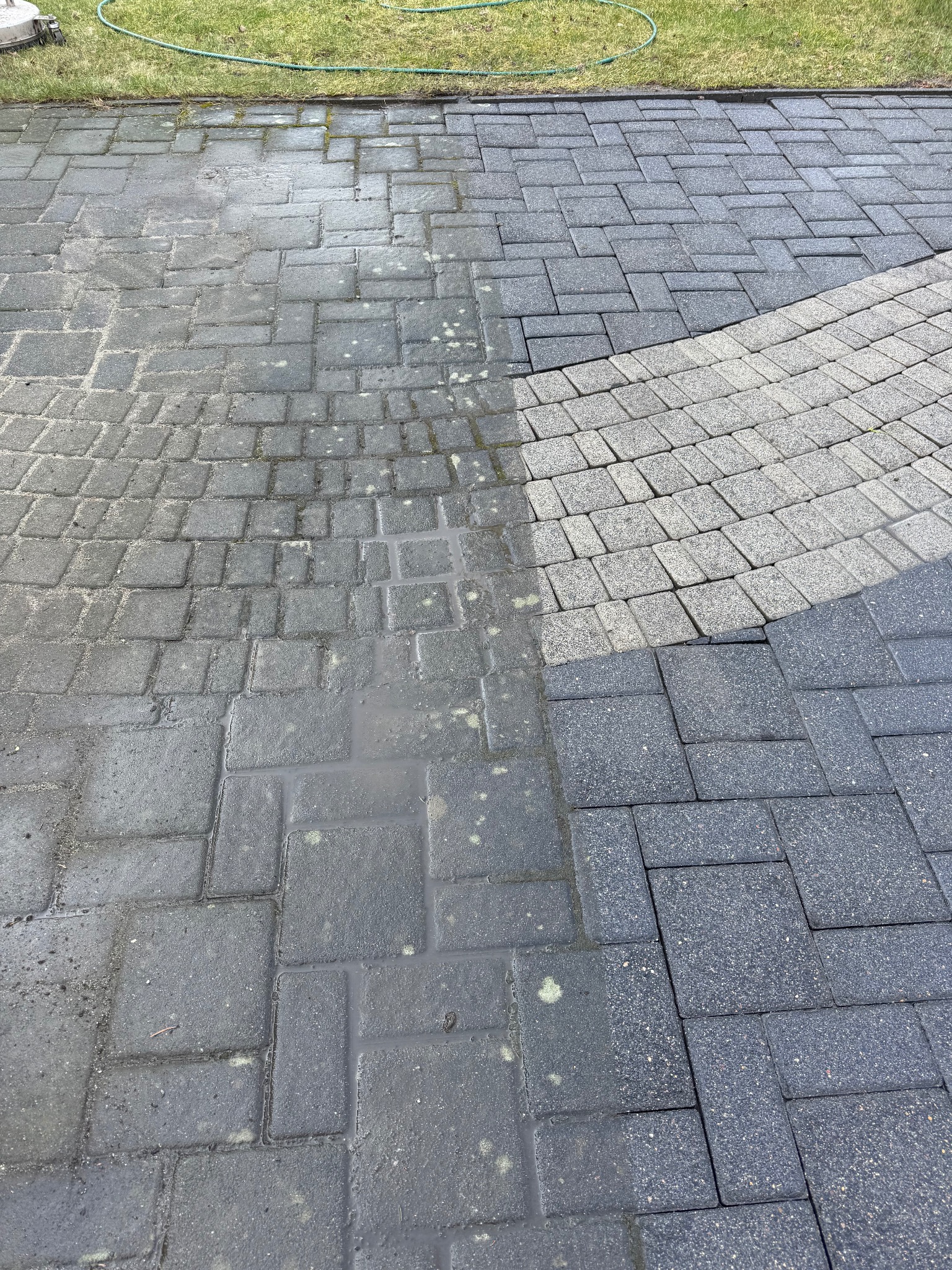 Częściowo umyta kostka brukowa w ogrodzie, widoczna różnica w kolorze i czystości, trawa i wąż ogrodowy w tle.