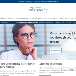 Brain Overflow sp. z o.o. - Strona internetowa kliniki MediConsult z portretem kobiety w okularach, oferującej bezpieczne operacje plastyczne za granicą.