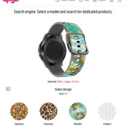 Brain Overflow sp. z o.o. - Smartwatch z szarym paskiem i wzorem marmuru w odcieniach turkusu i złota, prezentowany na białym tle. Wybór wzorów pasków na dole. Szczecin.