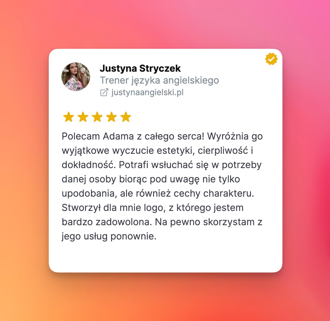 Opinia klientki Justyny Stryczek, trenerki języka angielskiego, zadowolonej ze stworzonego dla niej logo, z oceną 5 gwiazdek.