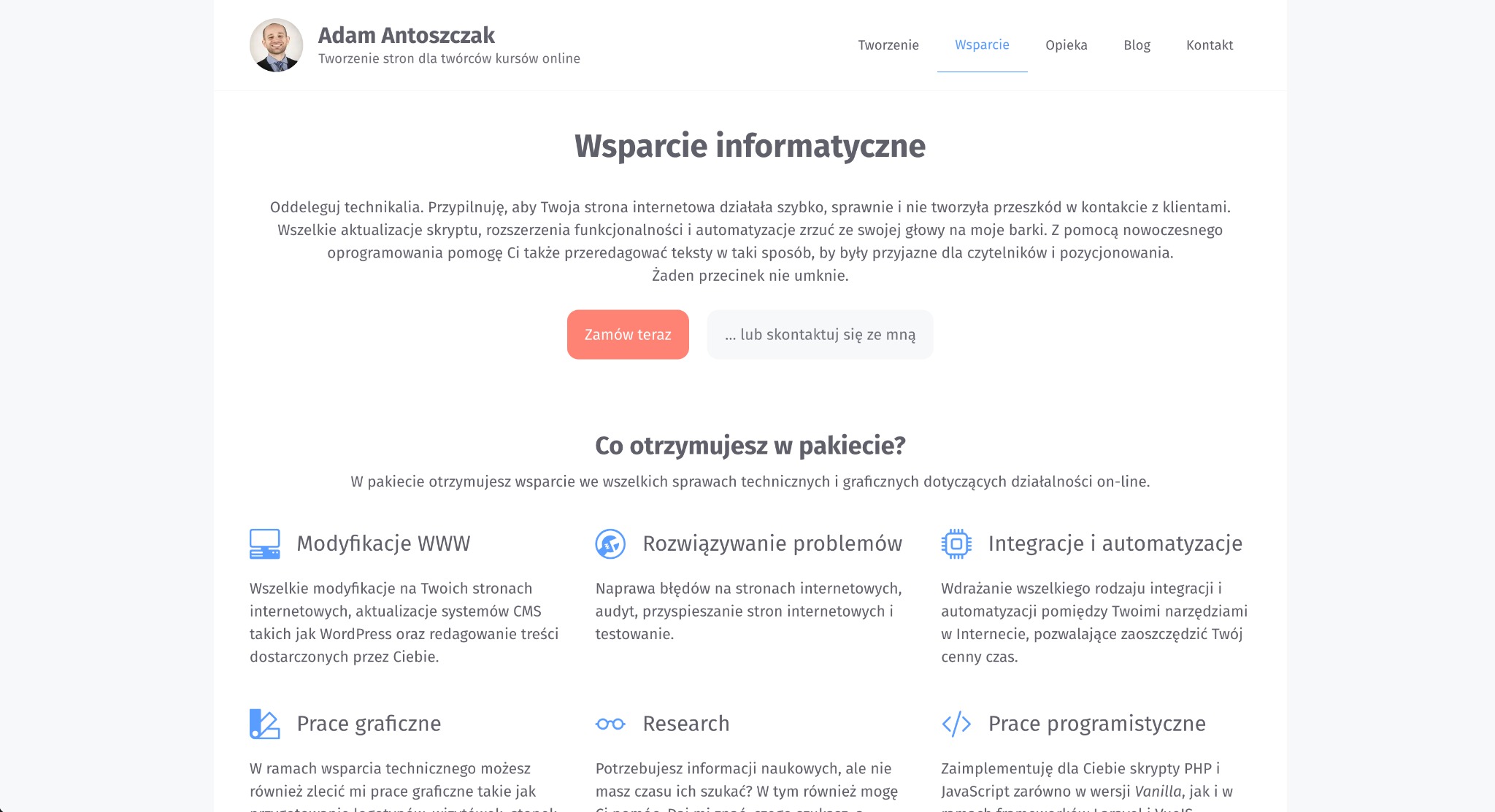 Strona internetowa z ofertą wsparcia informatycznego, prezentująca pakiety usług obejmujące modyfikacje, rozwiązywanie problemów, integracje, prace graficzne, research i prace programistyczne.