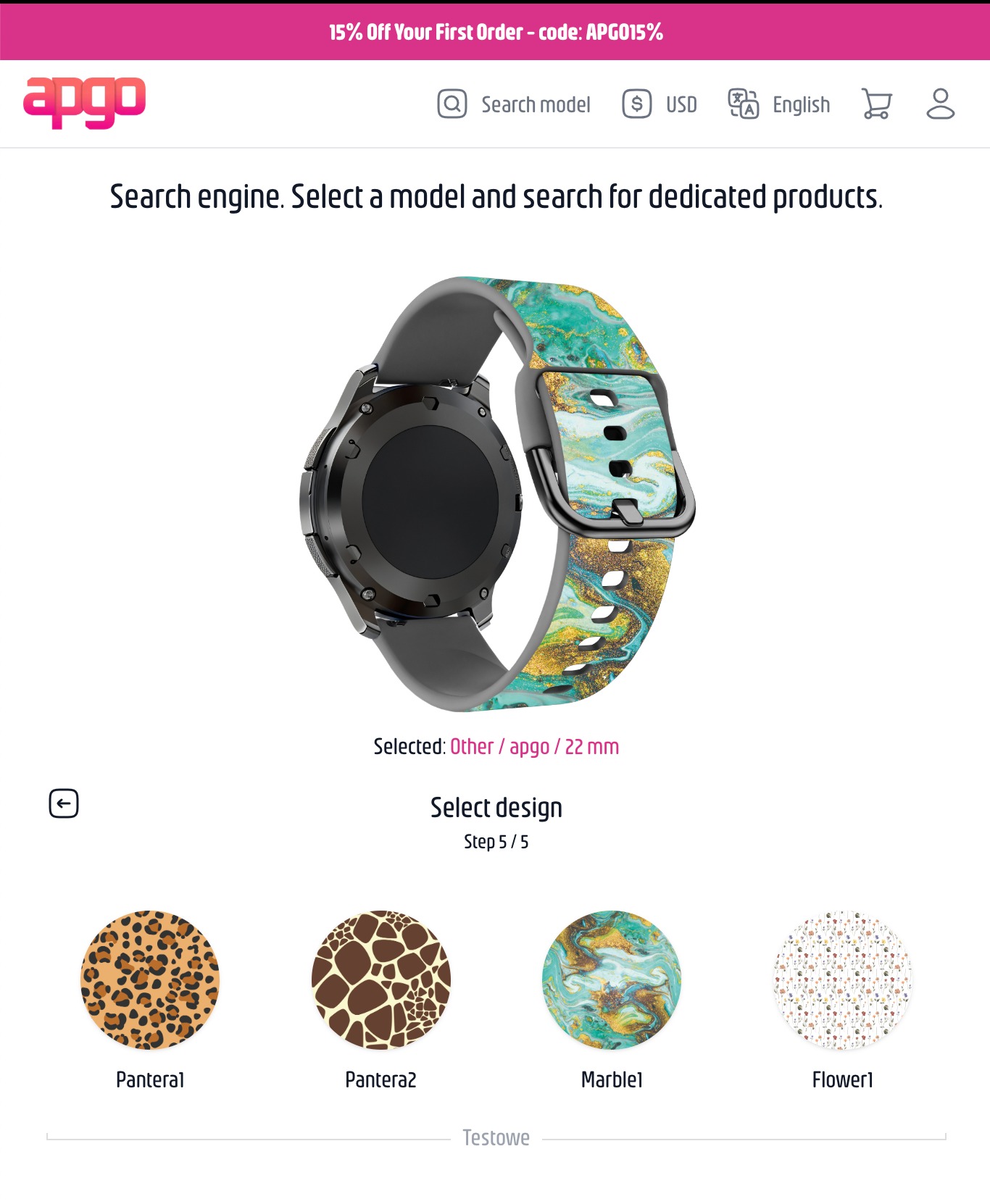 Smartwatch z szarym paskiem i wzorem marmuru w odcieniach turkusu i złota, prezentowany na białym tle. Wybór wzorów pasków na dole. Szczecin.