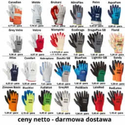 Kolekcja różnych modeli rękawic roboczych, prezentowanych parami z widocznymi cenami netto i informacją o darmowej dostawie.
