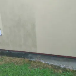 Fragment elewacji budynku z widoczną różnicą po czyszczeniu: lewa strona zabrudzona, prawa po umyciu, z widocznym wężem ogrodowym na trawie