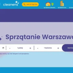 Grafika strony internetowej firmy oferującej usługi porządkowe, z nagłówkiem 'Sprzątanie Warszawa', formularzem wyboru daty, liczby pokoi i łazienek oraz przyciskiem 'Zamów sprzątanie'. W górnej...