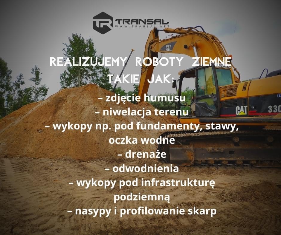 Żółta koparka CAT 330 obok pryzmy piasku, z logotypem firmy i tekstem reklamującym roboty ziemne.