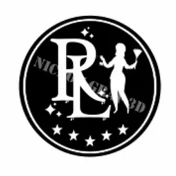 Czarno-białe logo z monogramem 'RL', sylwetką kobiety trzymającej wachlarz, otoczone gwiazdami i napisem 'NICOLEGRAFICA3D' w okręgu.