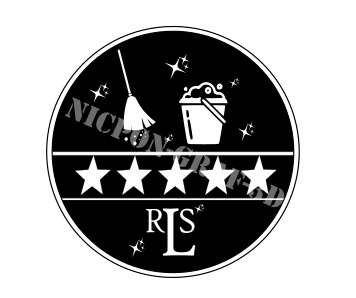 Czarno-białe, okrągłe logo firmy sprzątającej z motywem wiadra z pianą, miotły i pięciu gwiazd. Nazwa firmy nakłada się na tło.