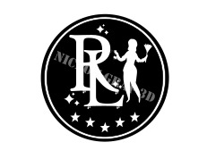 Czarno-białe logo z monogramem 'RL', sylwetką kobiety trzymającej wachlarz, otoczone gwiazdami i napisem 'NICOLEGRAFICA3D' w okręgu.