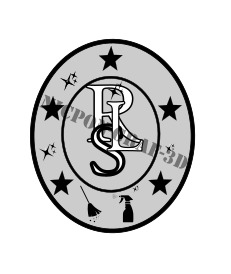 Stylizowane logo firmy sprzątającej w okręgu z gwiazdami, zawierające inicjały 'RS', grafikę miotły i sprayu do czyszczenia.
