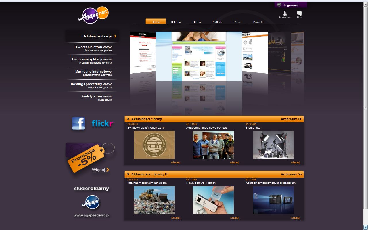 Prezentacja portfolio stron internetowych firmy AGAPENET na ekranie monitora, widoczny panel nawigacyjny z ofertą usług i aktualności z branży IT.