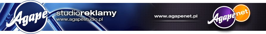 Baner reklamowy firmy Agapenet z logotypami, adresami stron internetowych studioreklamy.pl i agapenet.pl na gradientowym tle.