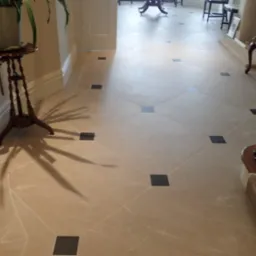 Beżowa podłoga z kwadratowymi, czarnymi akcentami ułożona w romby, widok z perspektywy wejścia, z elementami schod&oacute;w i rośliną doniczkową na ozdobnym stoliku.