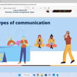 Ilustracja wektorowa przedstawiająca różne formy komunikacji w miejscu pracy: osobiste spotkania, wymiana korespondencji, praca zdalna z użyciem laptopa i rozmowy telefoniczne.