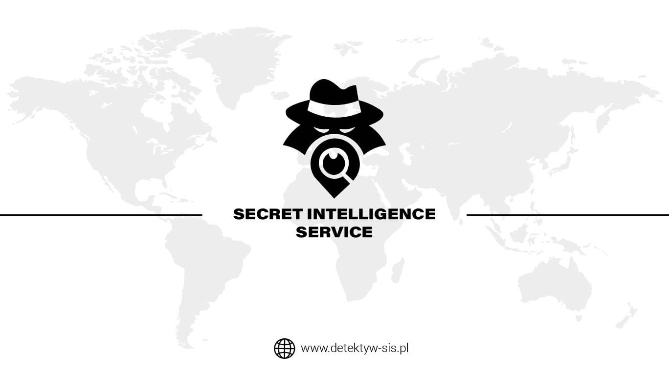 Logo Secret Intelligence Service z sylwetką detektywa w kapeluszu i lupą na tle mapy świata.