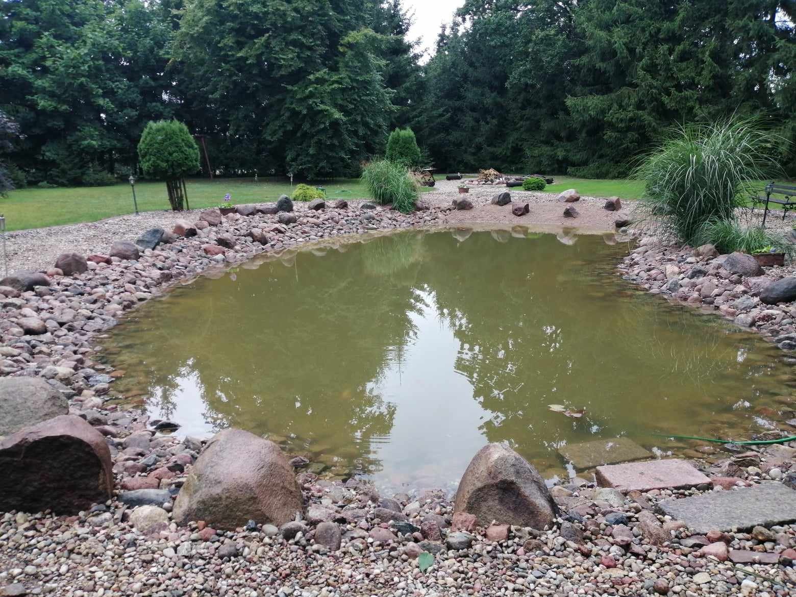 Oczko wodne w ogrodzie, otoczone kamieniami różnej wielkości i roślinnością, z zielonym trawnikiem i drzewami w tle.