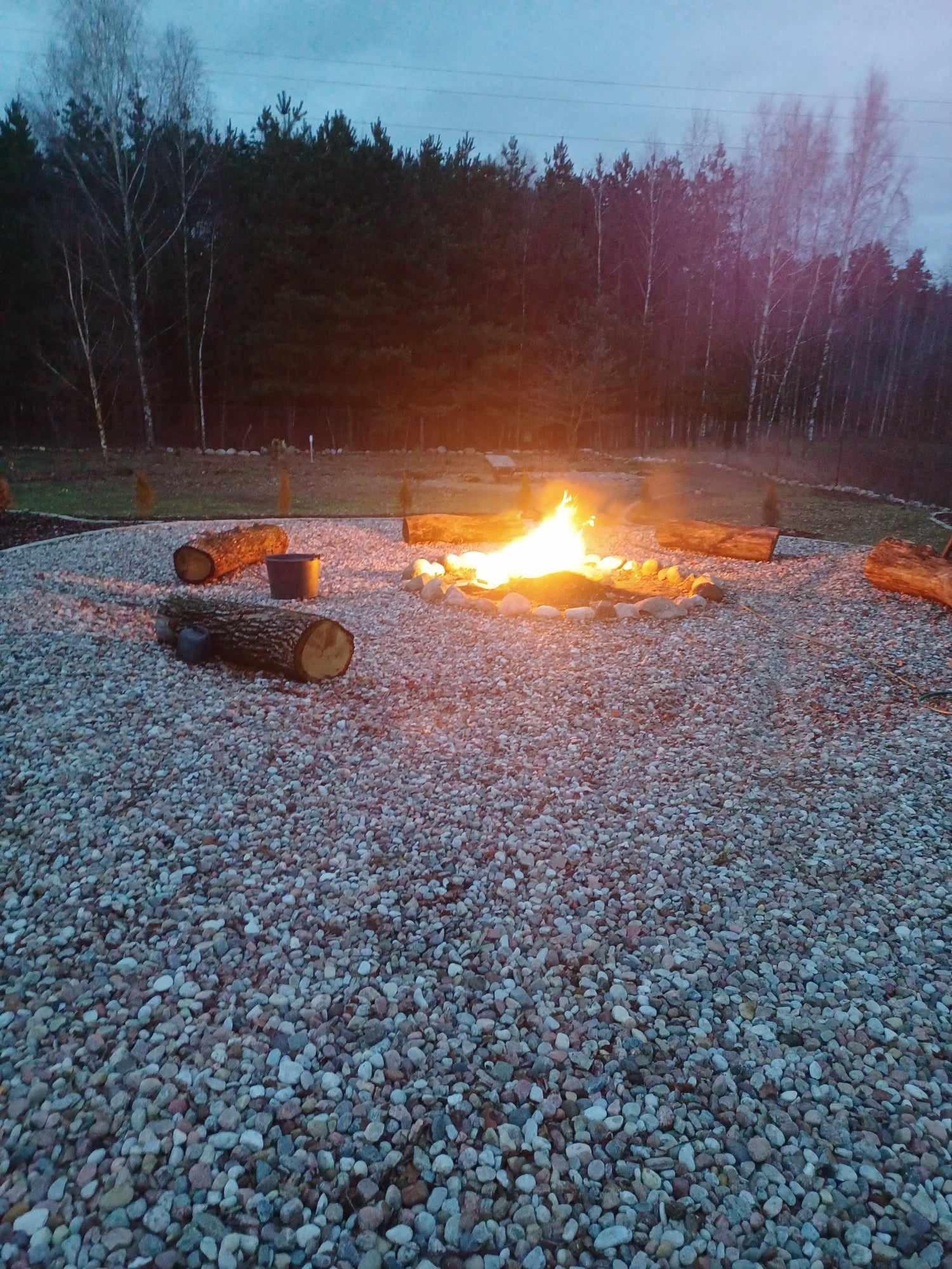 Ognisko otoczone kamieniami i drewnianymi kłodami w ogrodzie wysypanym drobnymi kamyczkami, w tle las i wieczorne niebo.