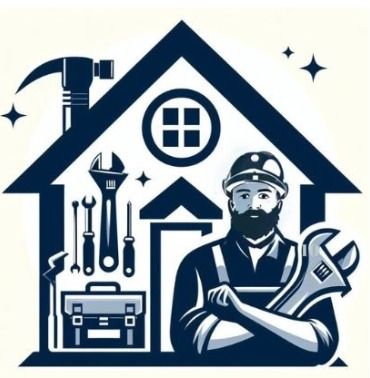 Ilustracja przedstawiająca brodatego mężczyznę w kasku trzymającego klucz francuski na tle konturu domu wypełnionego narzędziami, takimi jak młotek, klucze i śrubokręty.