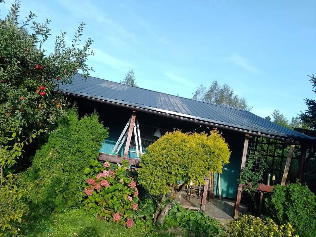 Dom z czarnym dachem metalowym, widoczna drabina oparta o ścianę, otoczony zielenią i kwiatami w słoneczny dzień.