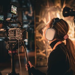 RAFAELLO FILM RAFAŁ MAĆKOWIAK - Kobieta w słuchawkach obsługuje profesjonalną kamerę Sony na statywie z dwoma monitorami, oświetloną lampą studyjną w tle.