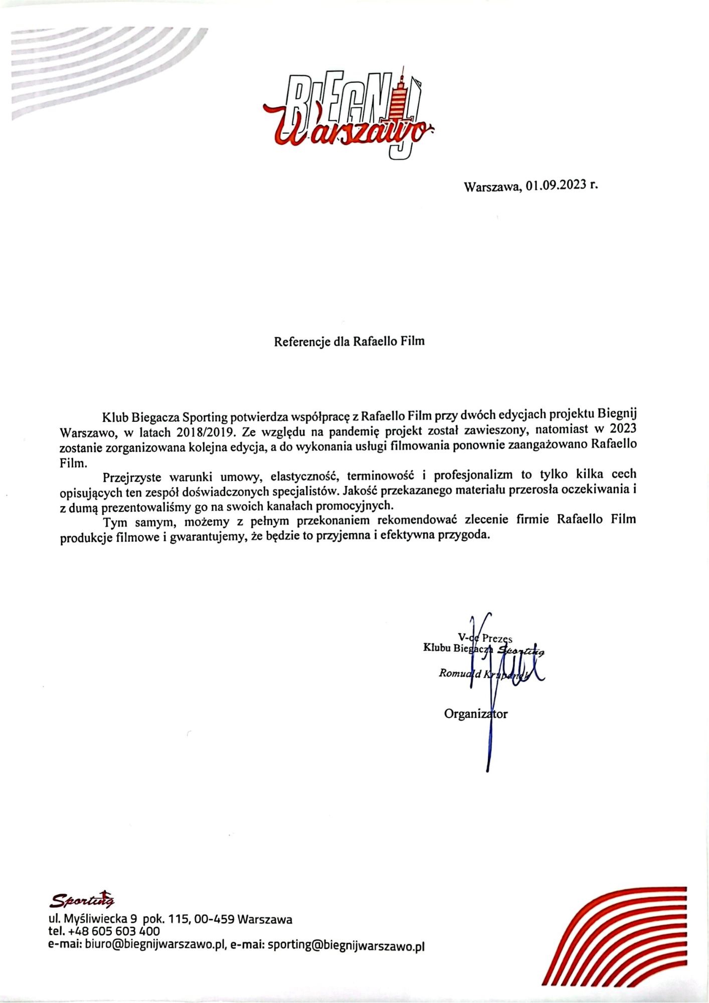 Skan referencji dla firmy Rafaello Film od Klubu Biegacza Sporting w Warszawie, potwierdzający współpracę przy projekcie Biegnij Warszawo i rekomendujący firmę do produkcji filmowej.