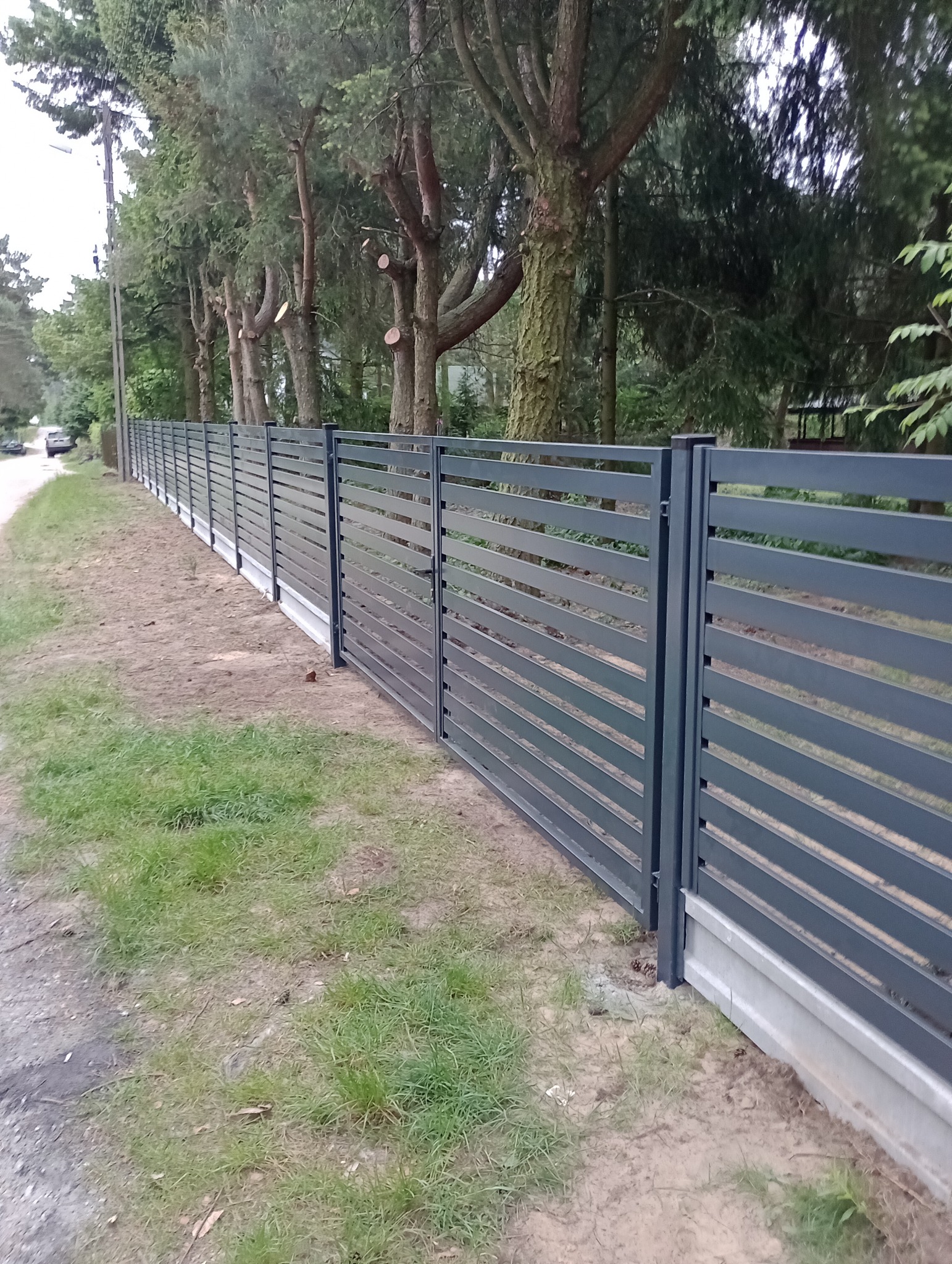 Długie, poziome ogrodzenie palisadowe w kolorze grafitowym, zamontowane na betonowej podmurówce, biegnące wzdłuż drogi i drzew z przyciętymi gałęziami.