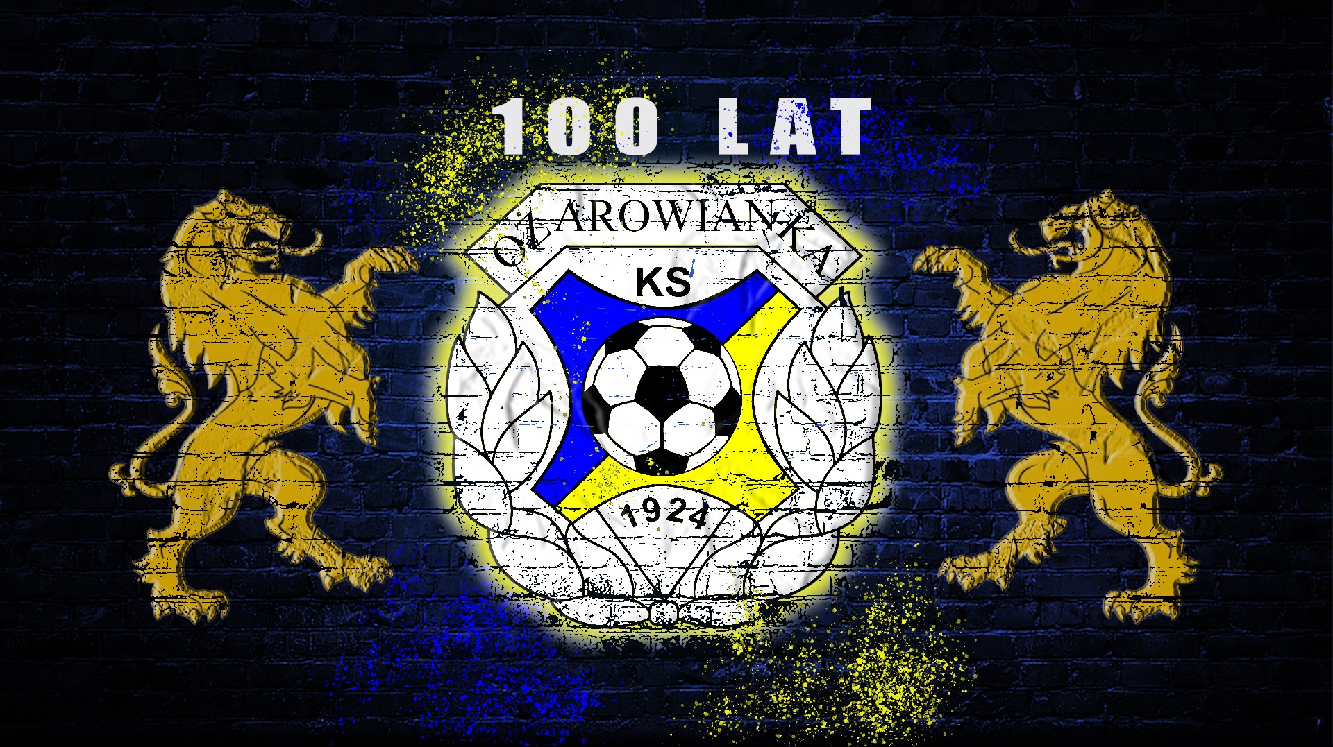 Grafika przedstawiająca logo klubu sportowego KS Klarowianka na tle ciemnej, ceglanej ściany, z dwoma złotymi lwami po bokach i napisem '100 LAT' u góry, całość w stylu graffiti.