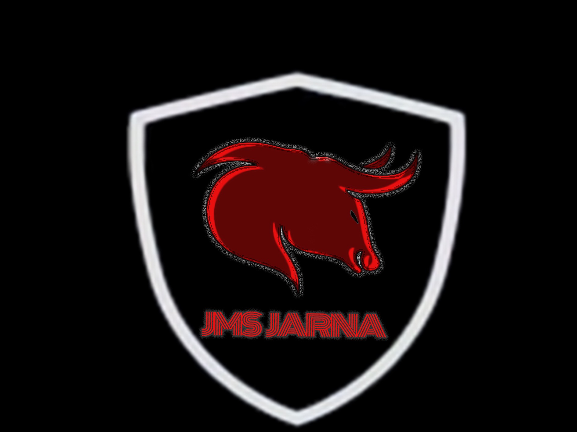 Czerwony wizerunek głowy byka w białej tarczy z napisem JMS JARNA na czarnym tle.