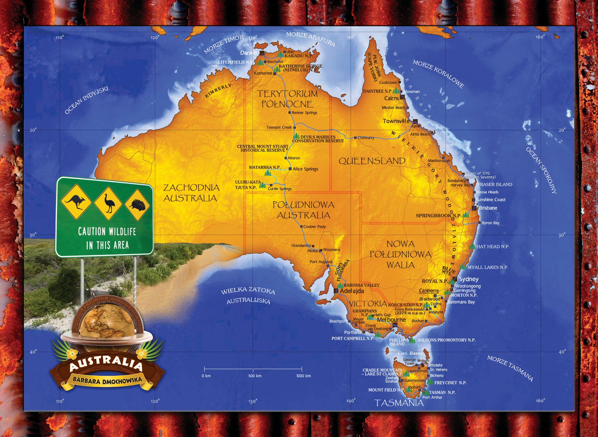 Mapka do książki 'Australia' Barbary Dmochowskiej. 'Biblioteka Poznaj Świat'