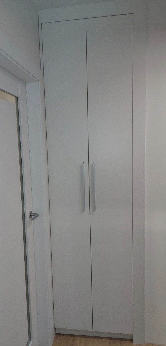 Biała szafa wnękowa z dwoma drzwiami i pionowymi, srebrnymi uchwytami, dopasowana do wysokości pomieszczenia, z widocznym fragmentem drzwi wejściowych.