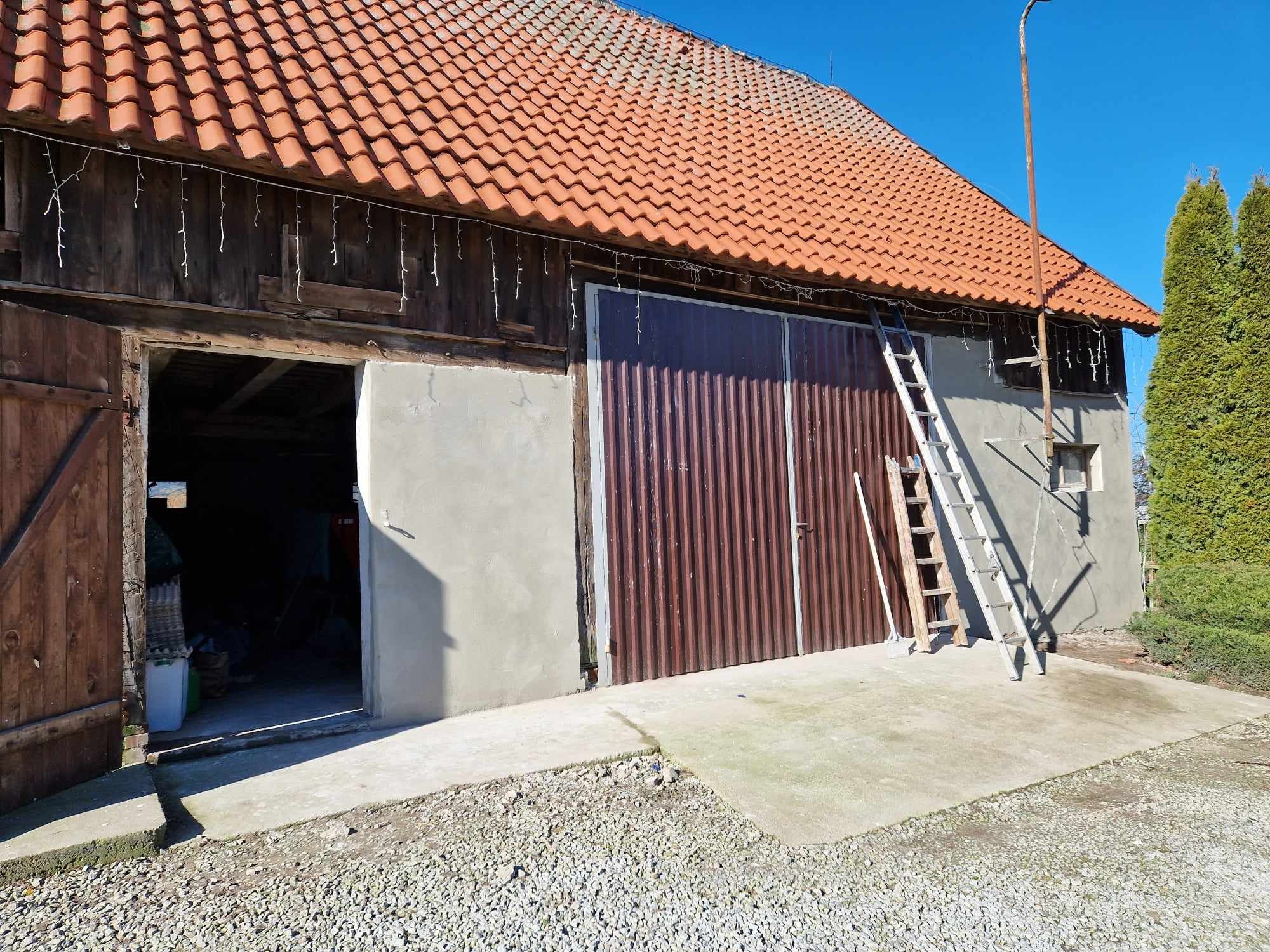 Budynek gospodarczy z nowymi tynkami maszynowymi, widoczne ślady po rusztowaniu i drabina oparta o ścianę.