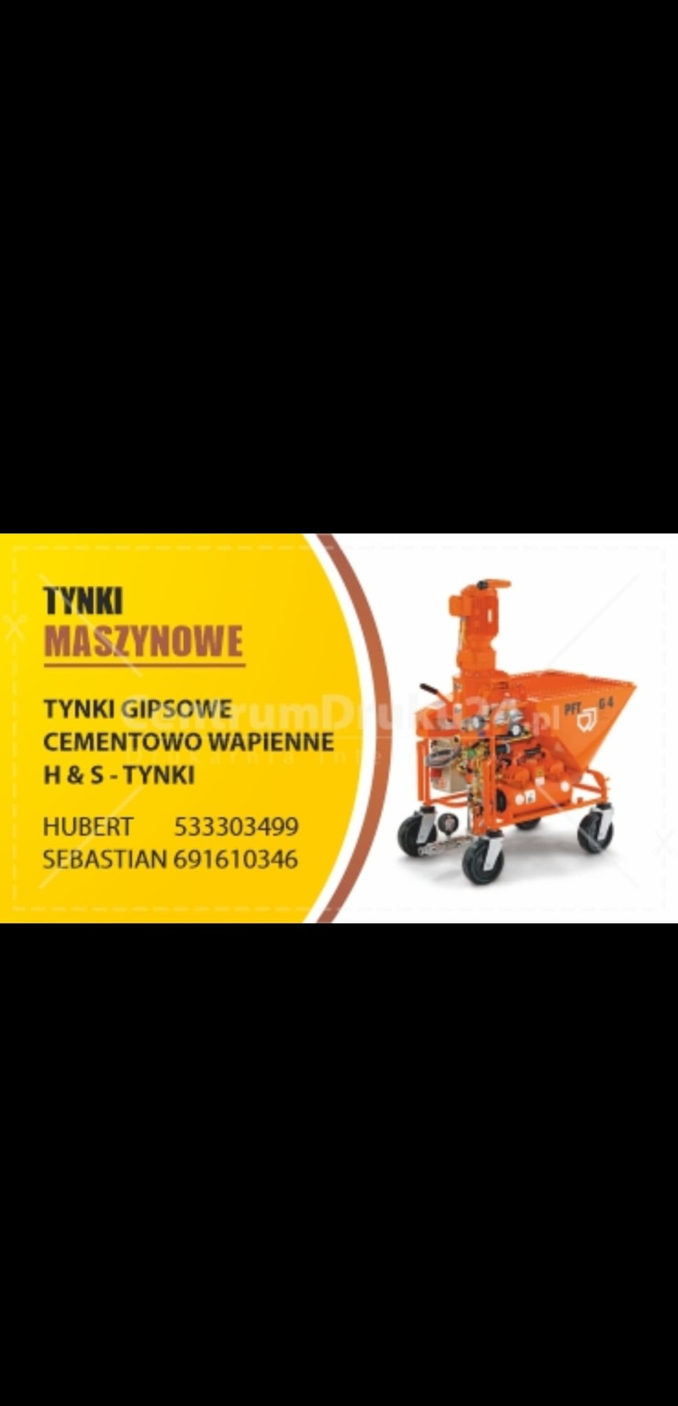 Pomarańczowa maszyna do tynkowania PFT G4 z żółtym logo firmy oferującej tynki gipsowe i cementowo-wapienne, z numerami telefonów kontaktowych.