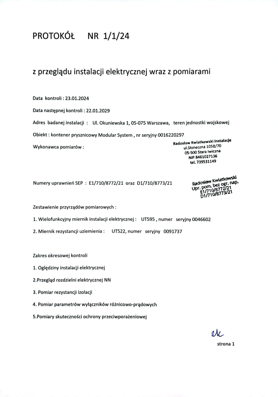 protokół z pomiarów