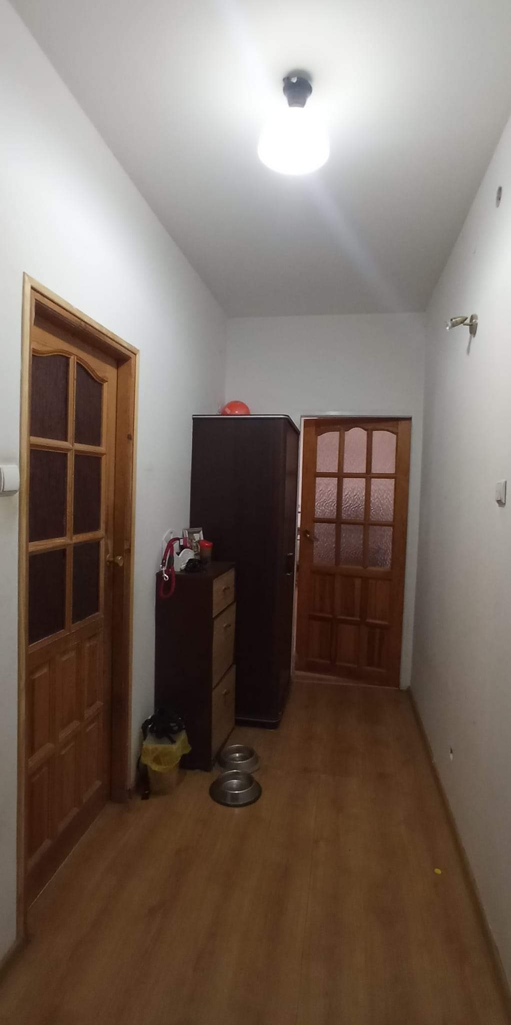 Korytarz po remoncie z drewnianą podłogą, dwojgiem drewnianych drzwi z przeszkleniami, ciemną szafą i komodą, widoczne miski dla zwierząt i torba na śmieci.
