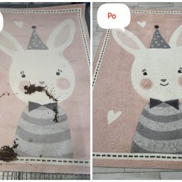 Perfekt Dywan - Automatyczna Pralnia Dywanów NATALIA NEUMANN - Dwa ujęcia dywanu dziecięcego z motywem królika: po lewej zabrudzony, po prawej wyczyszczony. Widoczne różnice w czystości i wyglądzie włókien.