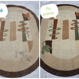 Perfekt Dywan - Automatyczna Pralnia Dywanów NATALIA NEUMANN - Owalny dywan z geometrycznym wzorem, porównanie stanu przed i po usłudze czyszczenia, widoczne usunięte plamy i odświeżone kolory.