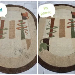 Owalny dywan z geometrycznym wzorem, porównanie stanu przed i po usłudze czyszczenia, widoczne usunięte plamy i odświeżone kolory.