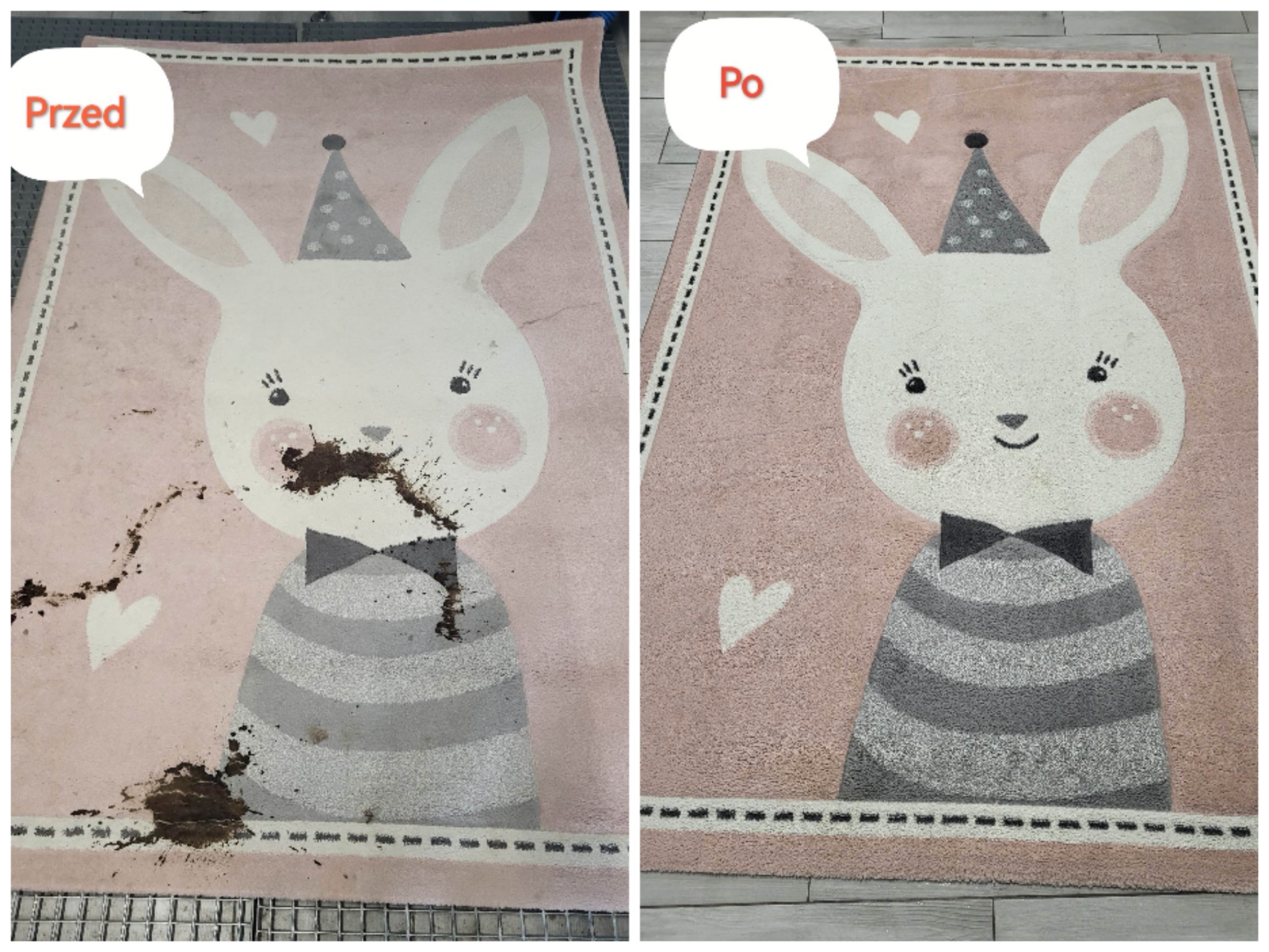 Dwa ujęcia dywanu dziecięcego z motywem królika: po lewej zabrudzony, po prawej wyczyszczony. Widoczne różnice w czystości i wyglądzie włókien.