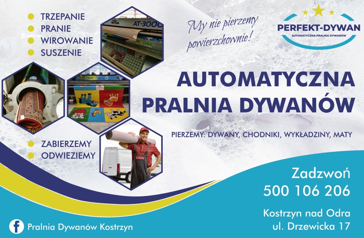 Reklama automatycznej pralni dywanów: pracownik z dywanem na ramieniu, maszyny do prania i suszenia, logo firmy Perfekt-Dywan, dane kontaktowe, Kostrzyn nad Odrą.