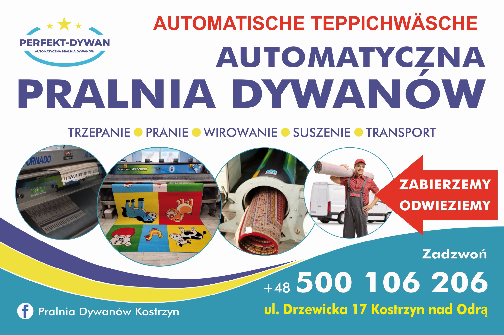 Reklama pralni dywanów z wizualizacją procesu: trzepanie, pranie, wirowanie, suszenie, transport; oraz pracownik niosący zwinięty dywan na tle busa.
