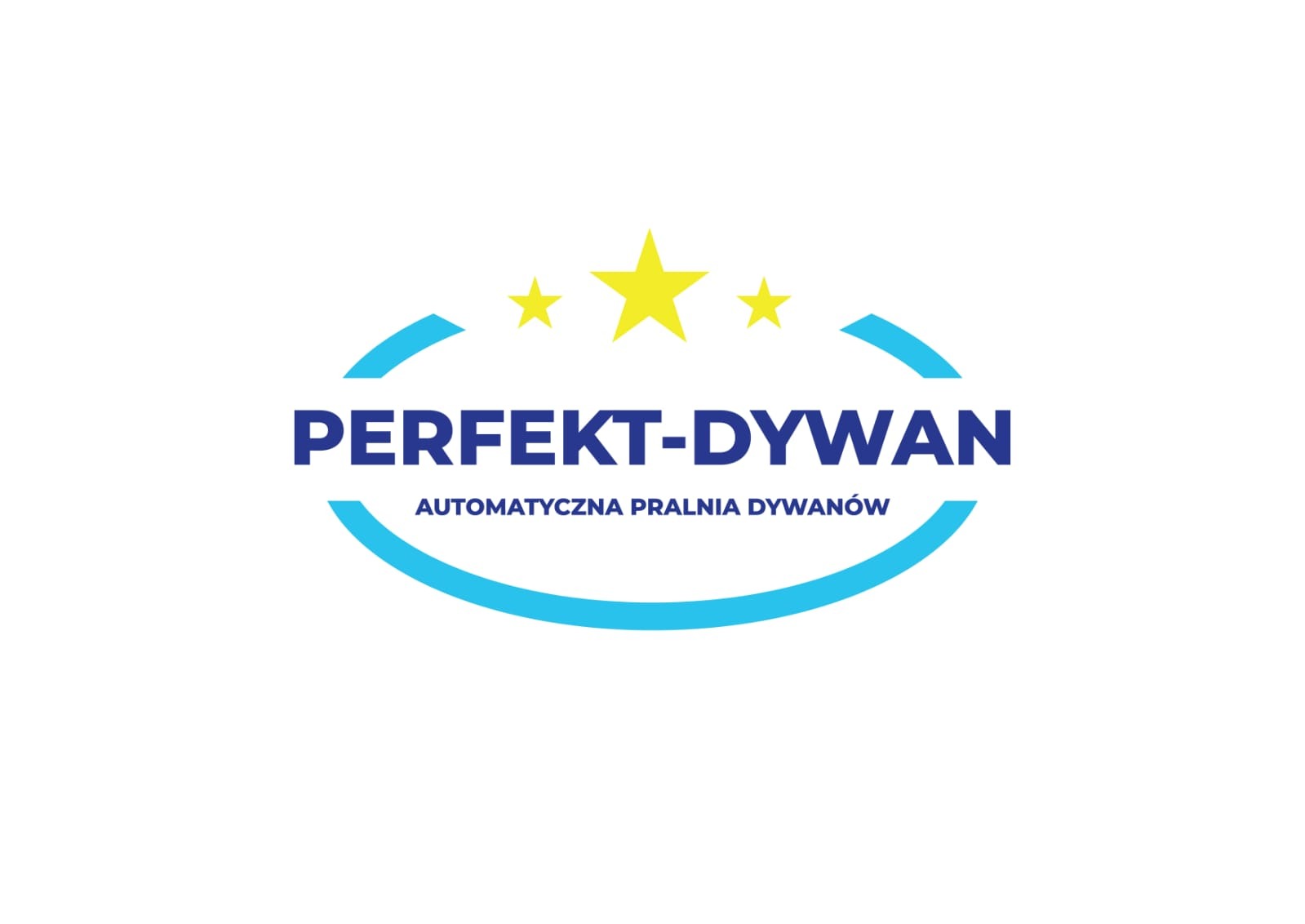 Logo firmy 'Perfekt-Dywan' z trzema żółtymi gwiazdami i niebieskimi elementami graficznymi, informujące o automatycznej pralni dywanów.