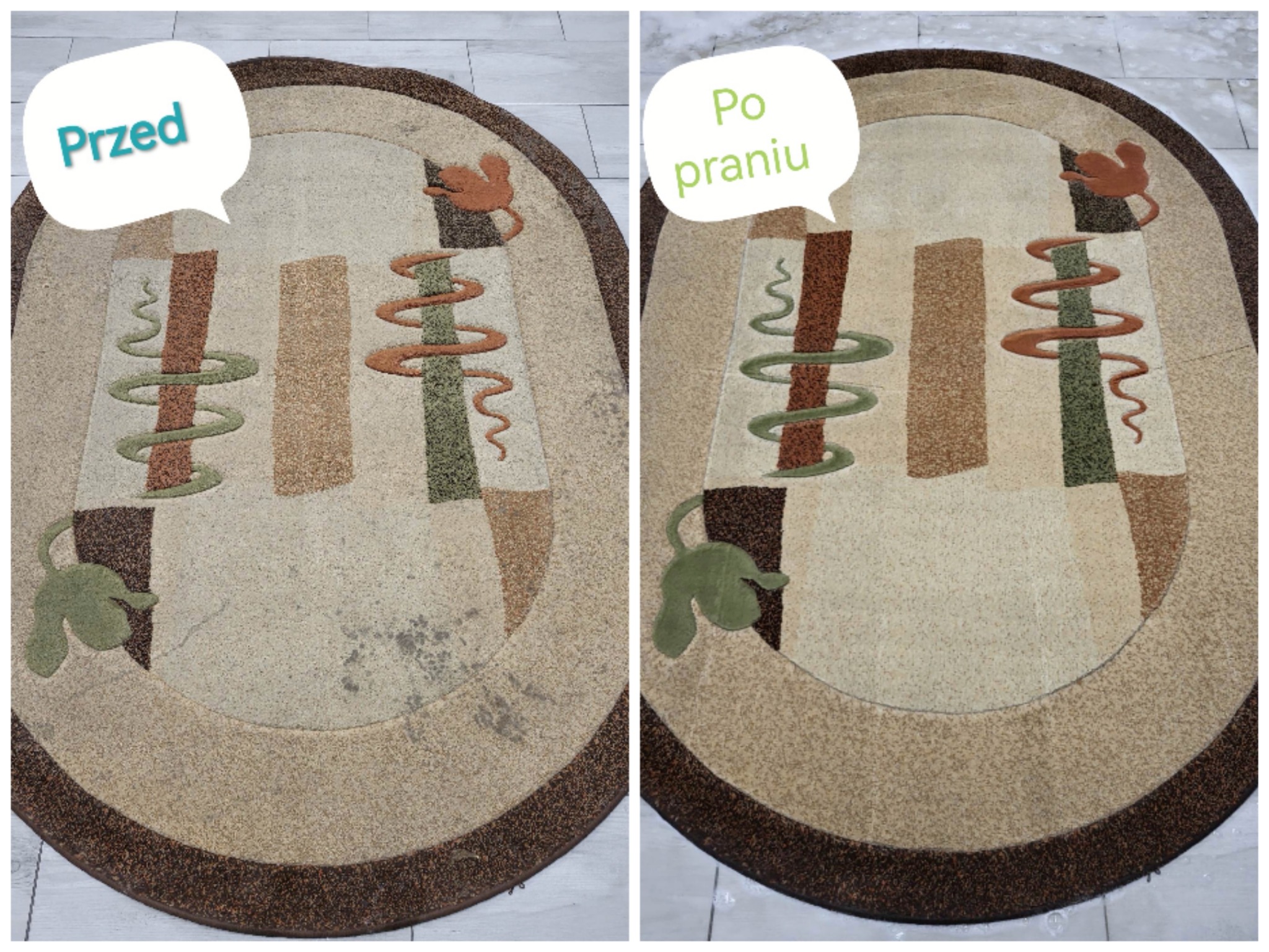 Owalny dywan z geometrycznym wzorem, porównanie stanu przed i po usłudze czyszczenia, widoczne usunięte plamy i odświeżone kolory.