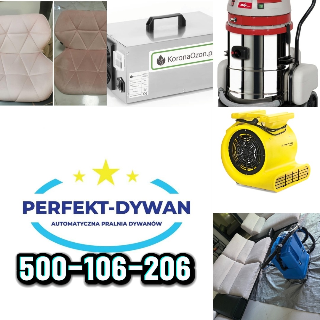 Profesjonalny sprzęt do czyszczenia tapicerki: odkurzacz piorący, wentylator osuszający, generator ozonu. Meble tapicerowane przed i po czyszczeniu.